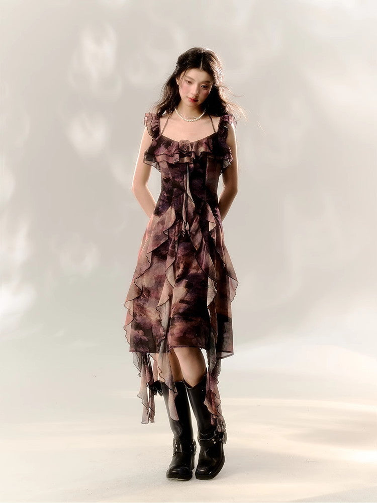 Ciffon Asymmetry Ruffle Long Dress