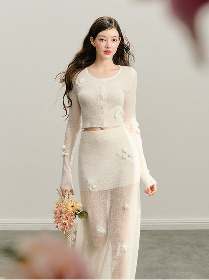 Set-Up Knit Sheer Flower Sexy Rose Cardigan＆Long-Skirt