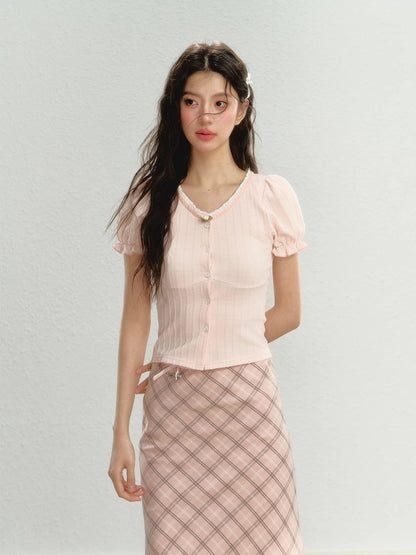 Candy-Sleeve Rose Slim Lace Summer-Knit