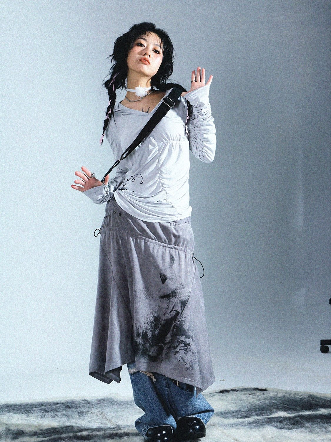 2way Drawstring Ink Retro Bare-Top Long-Skirt