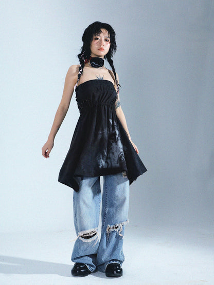 2way Drawstring Ink Retro Bare-top Long-Skirt