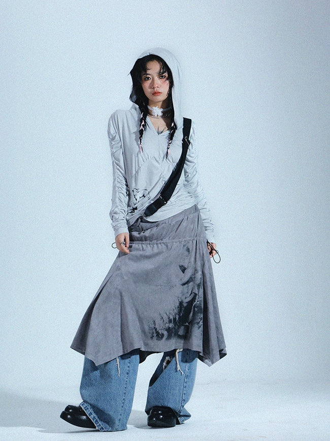 2way Drawstring Ink Retro Bare-top Long-Skirt