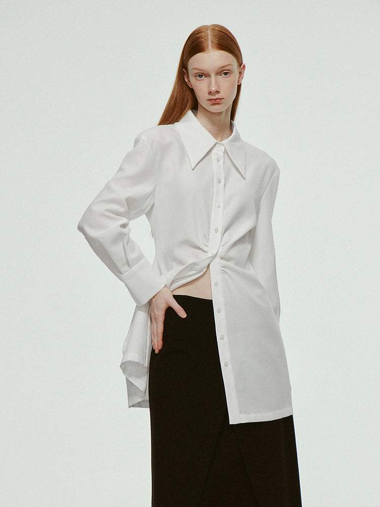 Oversize Long Gather Plain Chic Simple Shirt