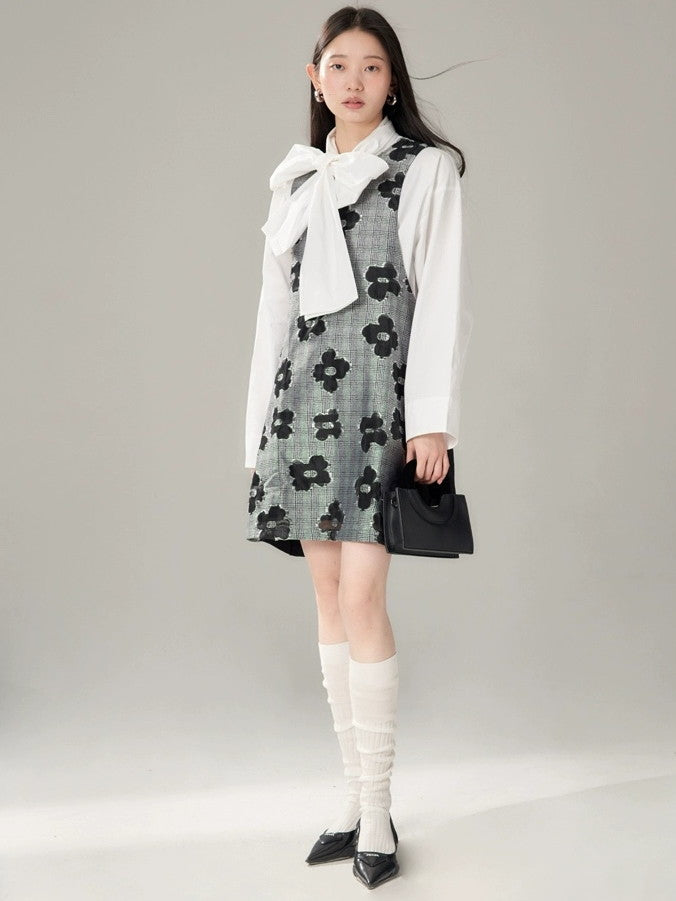 Checked Girly Frill No-Sleeve Flower Monotone Layered One-Piece