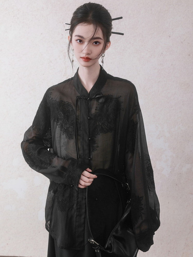 Oversize See-Through Flower Embroidery Blouse