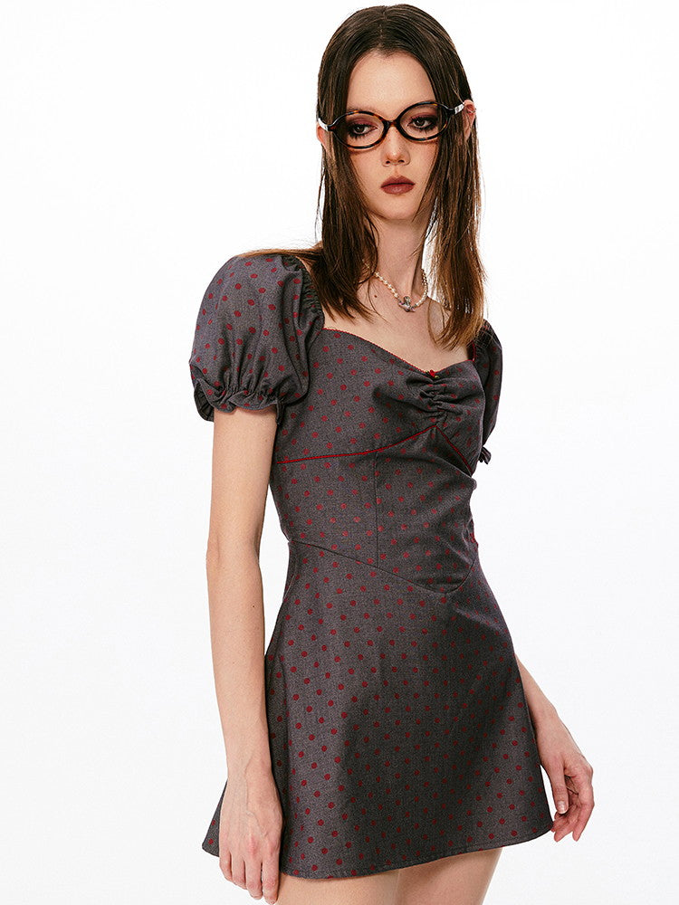 Puff-Sleev Dot Cut Flare Short Retro Dress