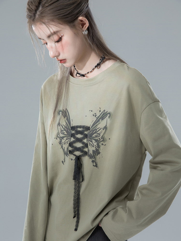 Lace Butterfly Crew-Neck Casual Ovresize Long-T-Shirt