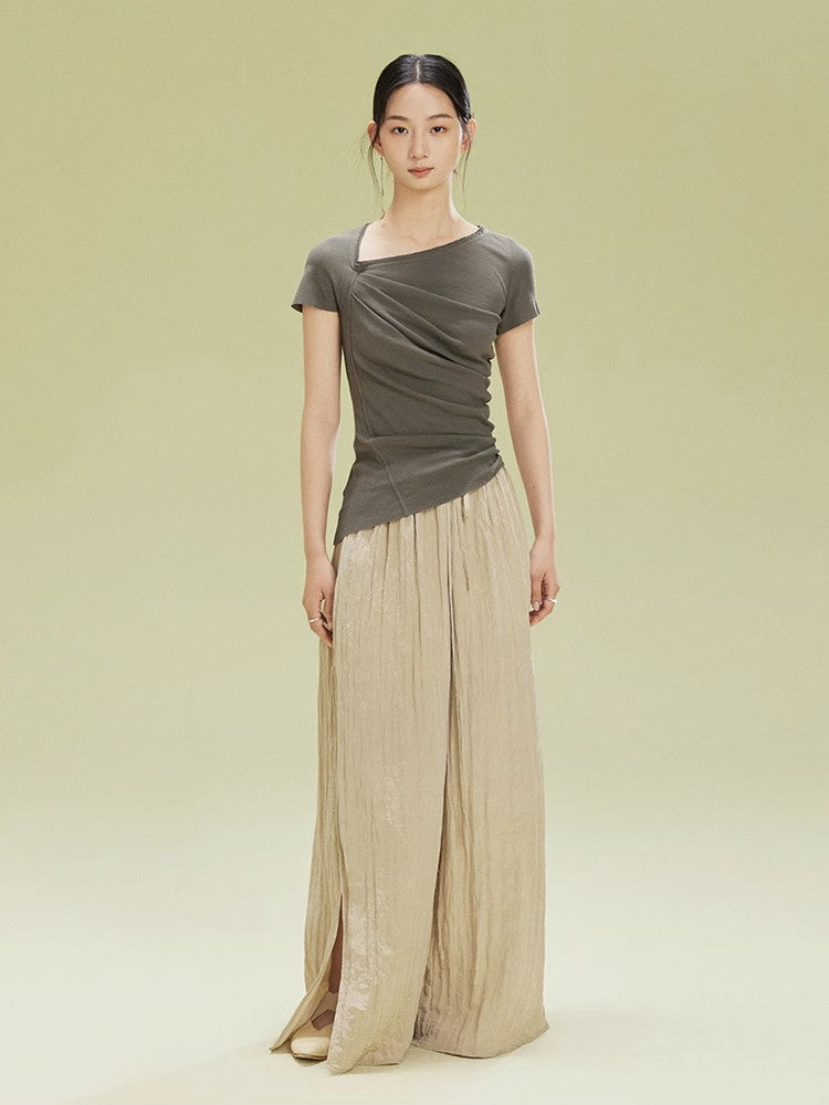 Crumply Wrinkled Casual Loose Relax Wide-Pants