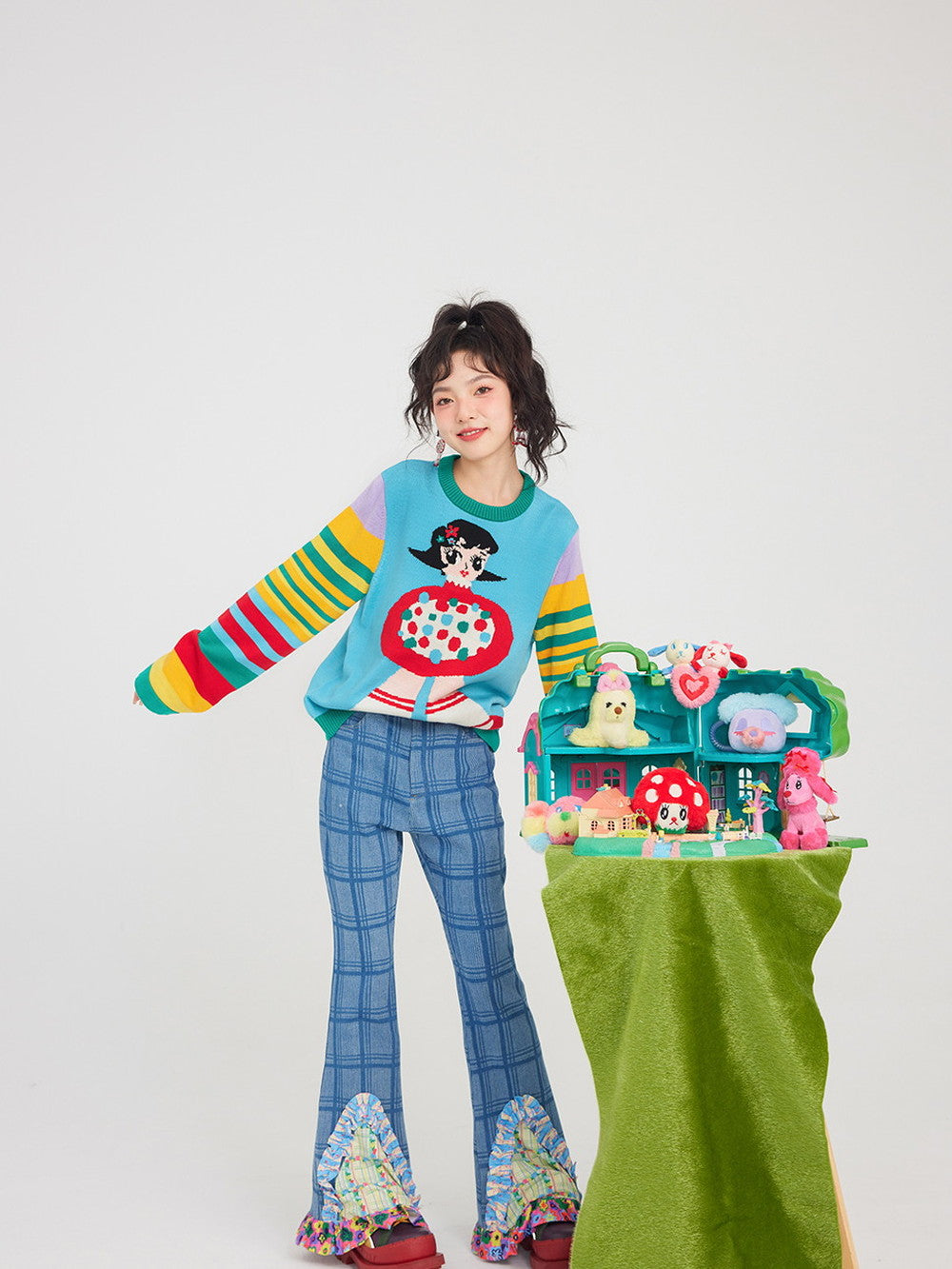 Colorful Rainbow Border Girl Fancy Knit