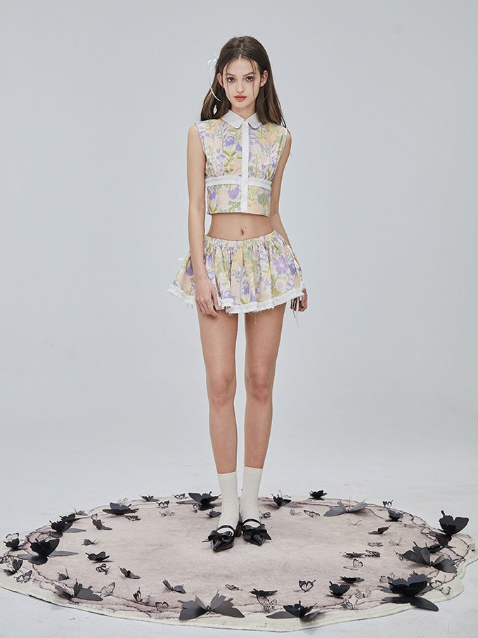 Flower Checked Lace Nichi Cute Blouse＆Mini-Skirt