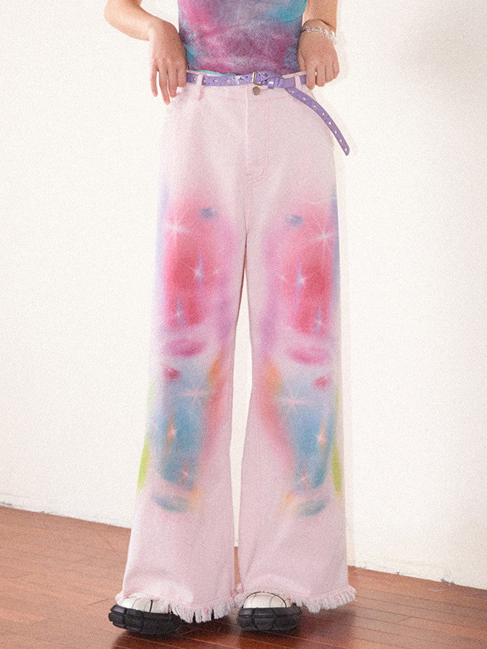 Tie-Dye Pale-Tone Damage Cotton-Candy Tassel Casual Straight Denim-Pants