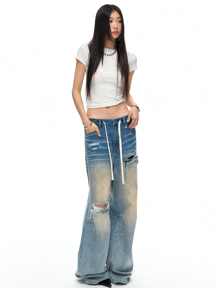 Damage Crush Straight Loose Wide Faded Denim-Pants