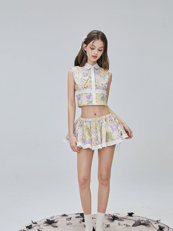 Flower Checked Lace Nichi Cute Blouse &amp; Mini-Skirt