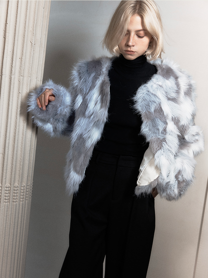 Fur Eleagnt Bi-Color No-Collar Jacket