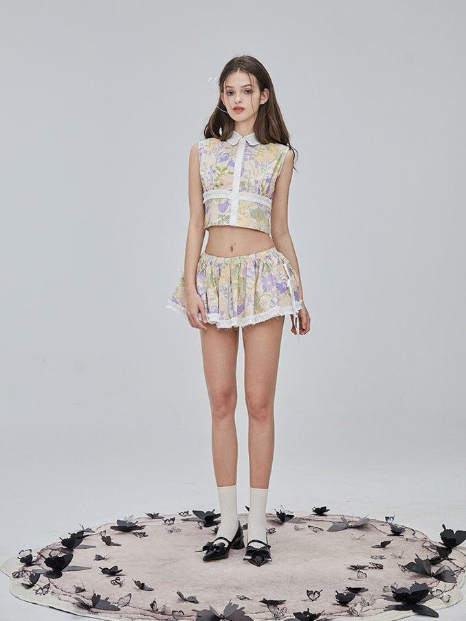 Flower Checked Lace Nichi Cute Blouse & Mini-Skirt