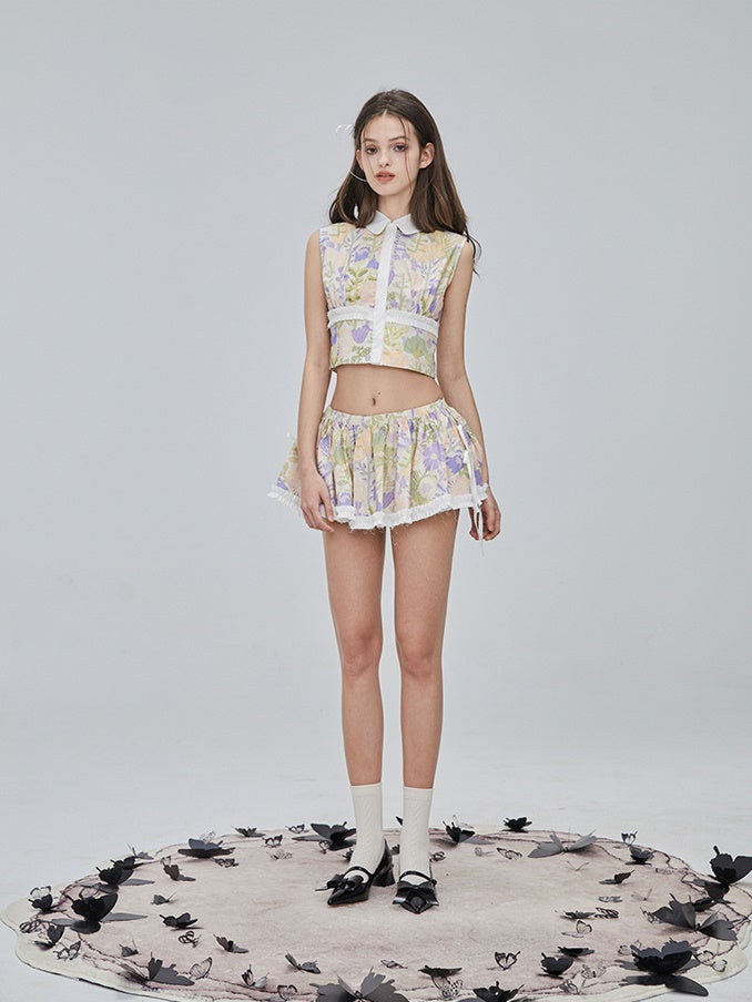 Flower Checked Lace Nichi Cute Blouse &amp; Mini-Skirt