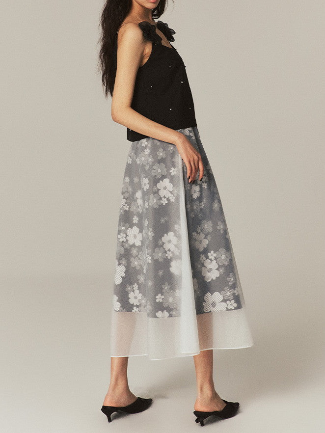 Layered See-Through Flower Ciffon Sheer Flare Chic Long-Skirt