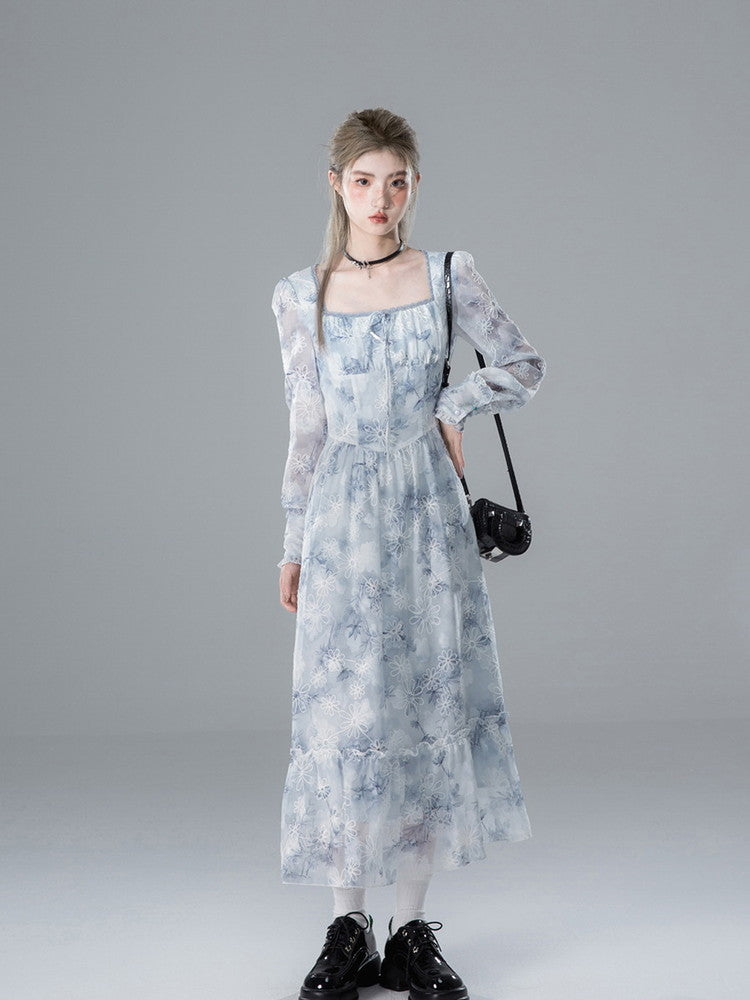 Tie-Dye Flower Tiered Square-Neck Sheer Long Dress