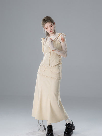 Vest&amp;Blouse＆Long-Skirt Frill Lace Suspenders Ribbon Set-Up