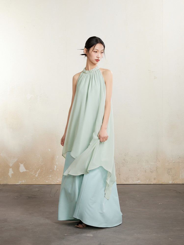 Refreshing American-Sleeve Long Layered Dlare Long Plain Dress