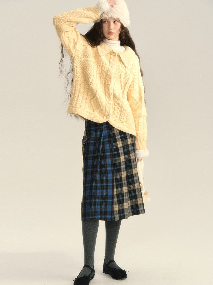 Multi-Color Checked Flare Girly Retro Long-Skirt