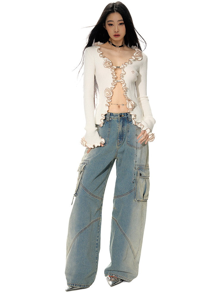 Denim Wide-Leg Straight Casual Side-Pocket Belt Pants