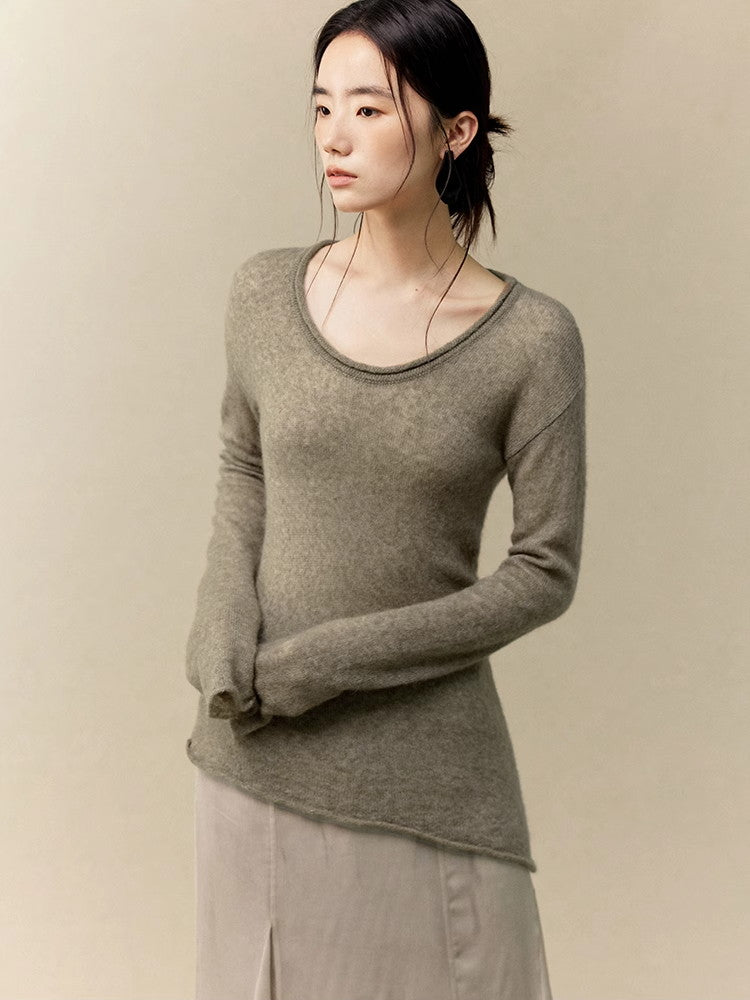 Asymmetry U-Neck Slim Simple Thin Classy Knit