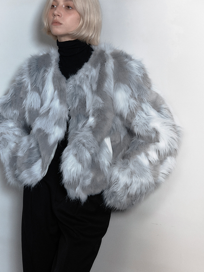 Fur Eleagnt Bi-Color No-Collar Jacket