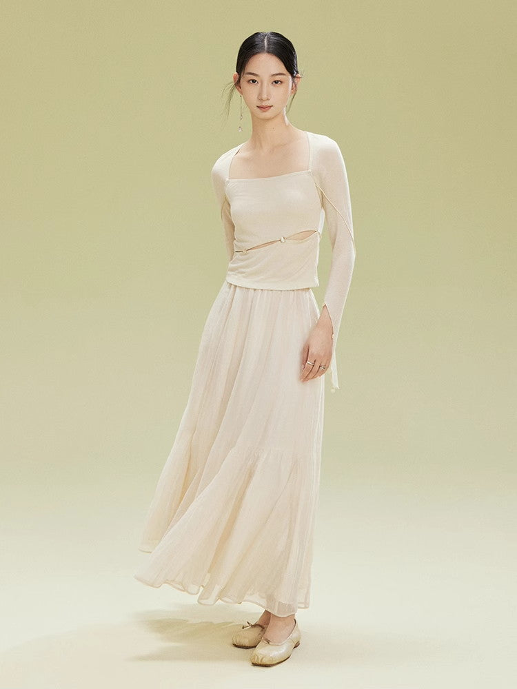 Ciffon Tiered Volume Simple Flare Long-Skirt