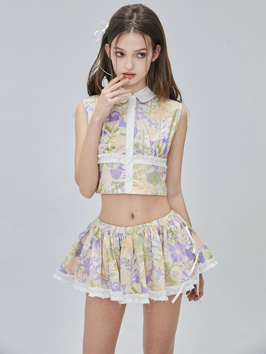 Flower Checked Lace Nichi Cute Blouse＆Mini-Skirt