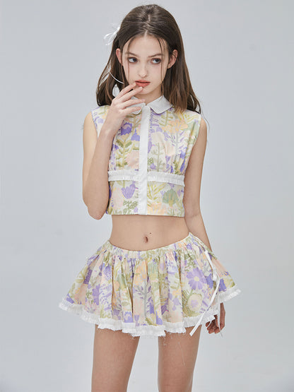 Flower Checked Lace Nichi Cute Blouse &amp; Mini-Skirt