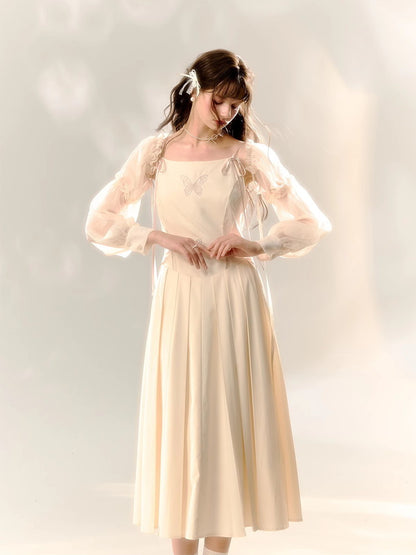 Butterfly Ribbon Elegant Long Sheer Camisole Long-Sleeve Dress＆Bolero