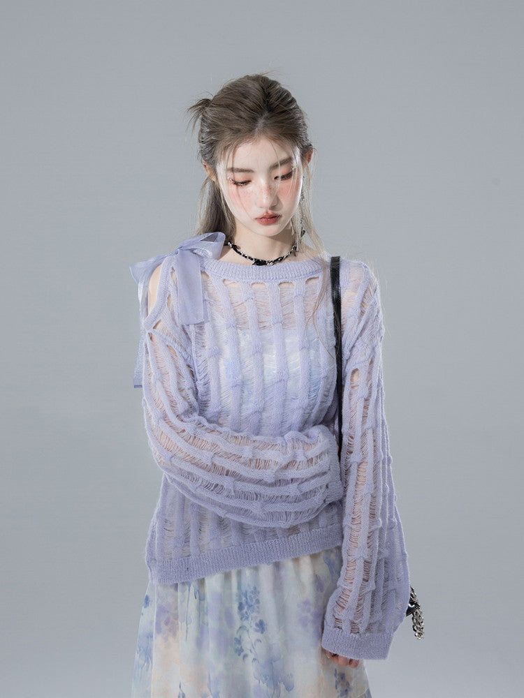 Gradation Mesh Sheer Ovresize Ribbon Knit