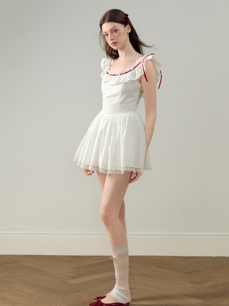 Tight U-Neck Frill Girly Lace Cute Flare Short Dress