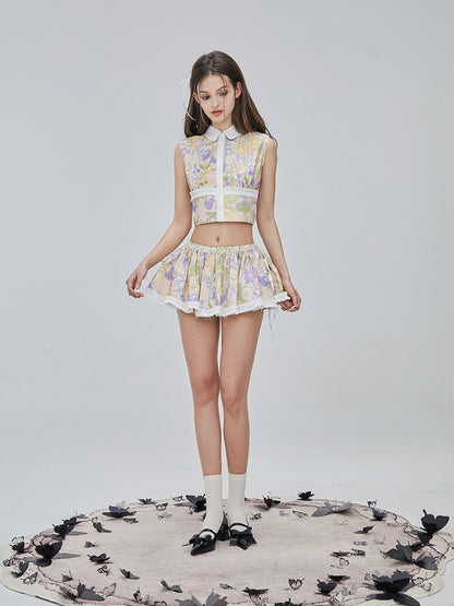 Flower Checked Lace Nichi Cute Blouse＆Mini-Skirt