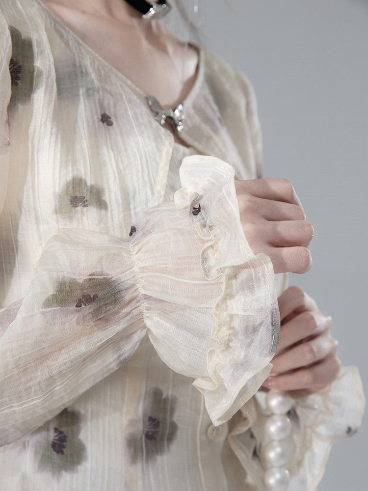 Ciffon Flower Balloon-Sleeve Sheer Retro Blouse