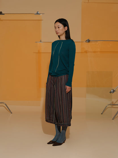 Cropped Half Stripe Ethnic Balloon-Pants