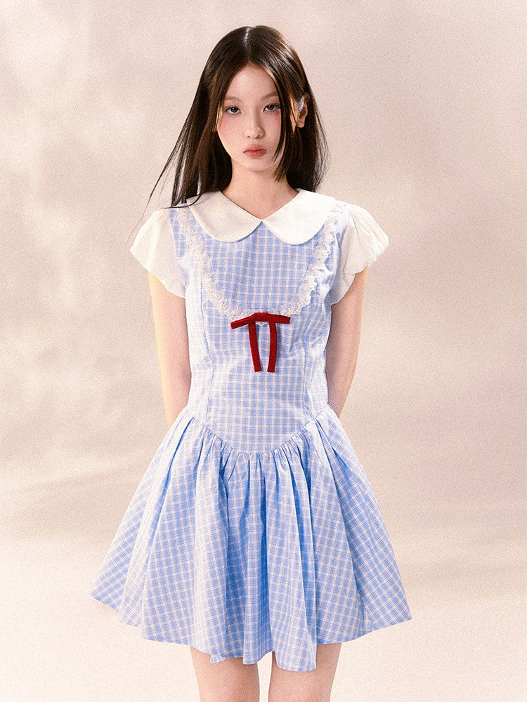 Checked Girly Lace Frill Retro Flare Dress