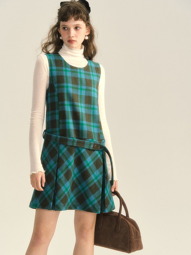 Wool Checked Sleeveless U-Neck Layered One-Piece