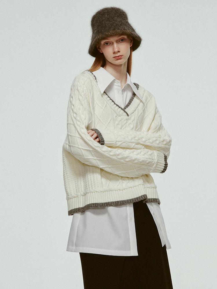 Oversize V-Neck Casual Loose Bi-Color Cable-Knit