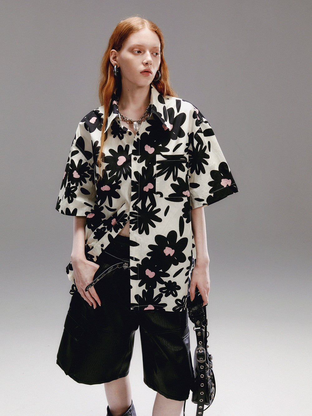 Unisex Flower Monochrome Retro Oversize Shirt