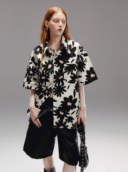 Unisexe Flower Monochrome Retro Oversize Oversize Shirt