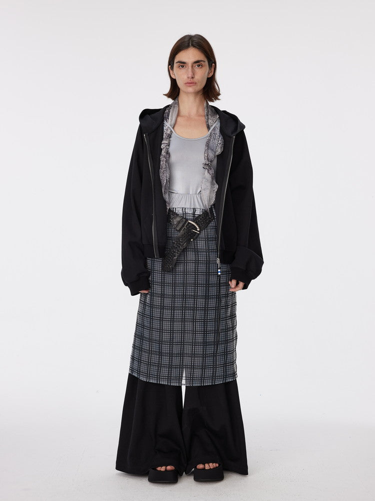 Checked See-Through Layered Elastic-Waist Back-Slit Long-Skirt