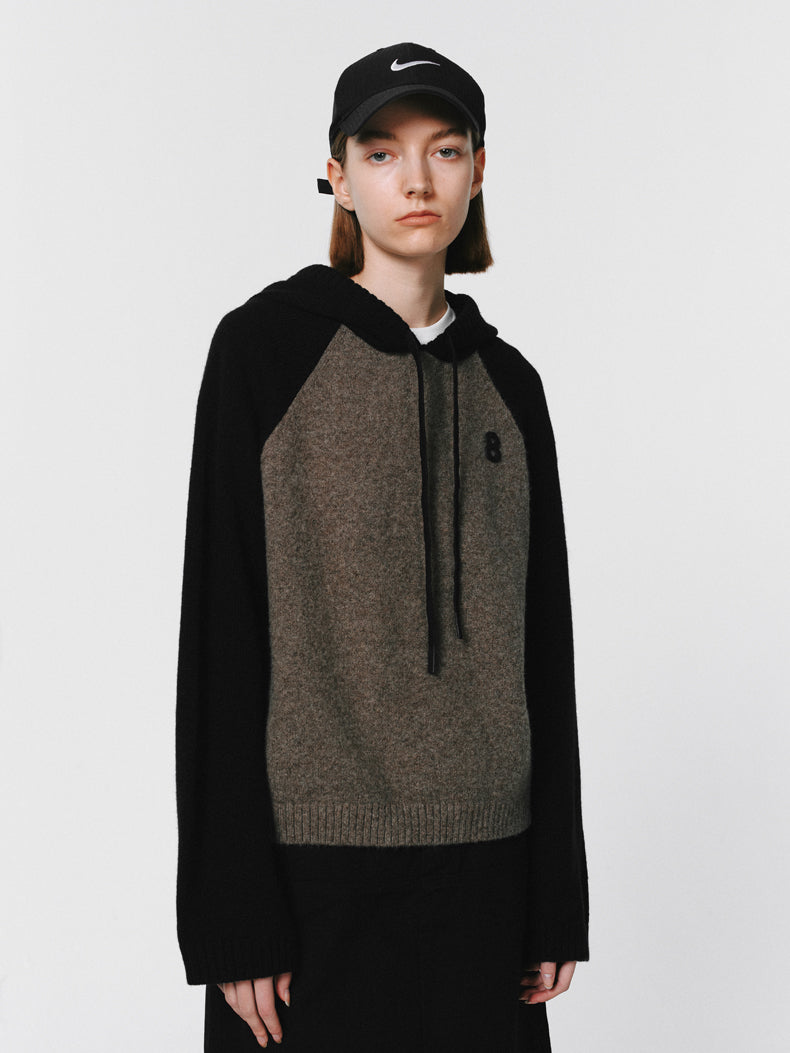 Knit Hoddie Bi-Color Simple Parlka Wool-Tops