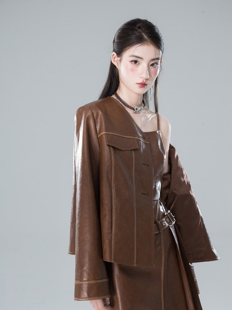 Jacket＆Dress Leather High-End No-Collar Retro Set-Up