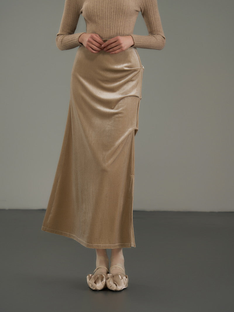 Velvet Drape Flare Plain Chic Long-Skirt