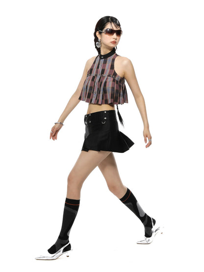 Checked Pleats Flare Sleeveless Cropped Tops