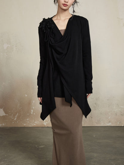 Flower-Motif Classy Loose Asymmetry Drape Cardigan