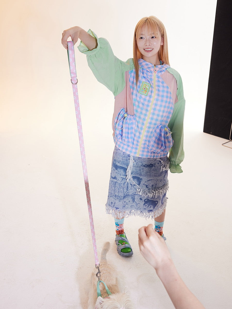 Candy-Sleeve Checked Hoodie Drawstring Fancy Parka