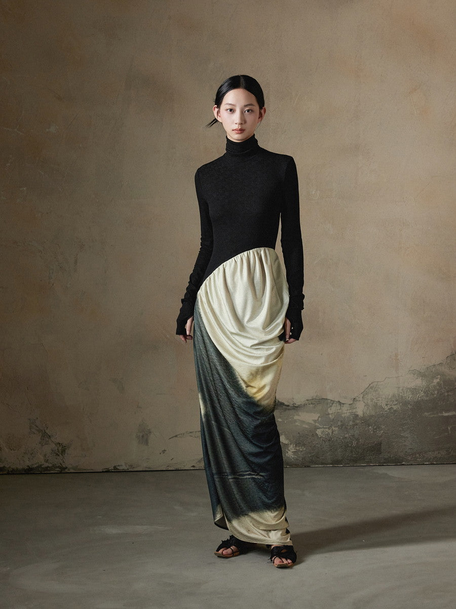 High-Neck Knit Drape Slim Thin Long Dress